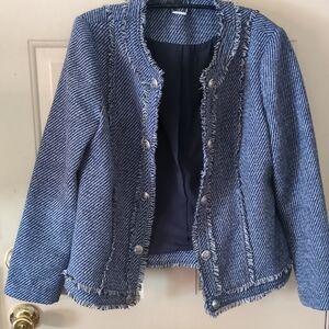 Chico's Blue Tweed Fringed Jacket